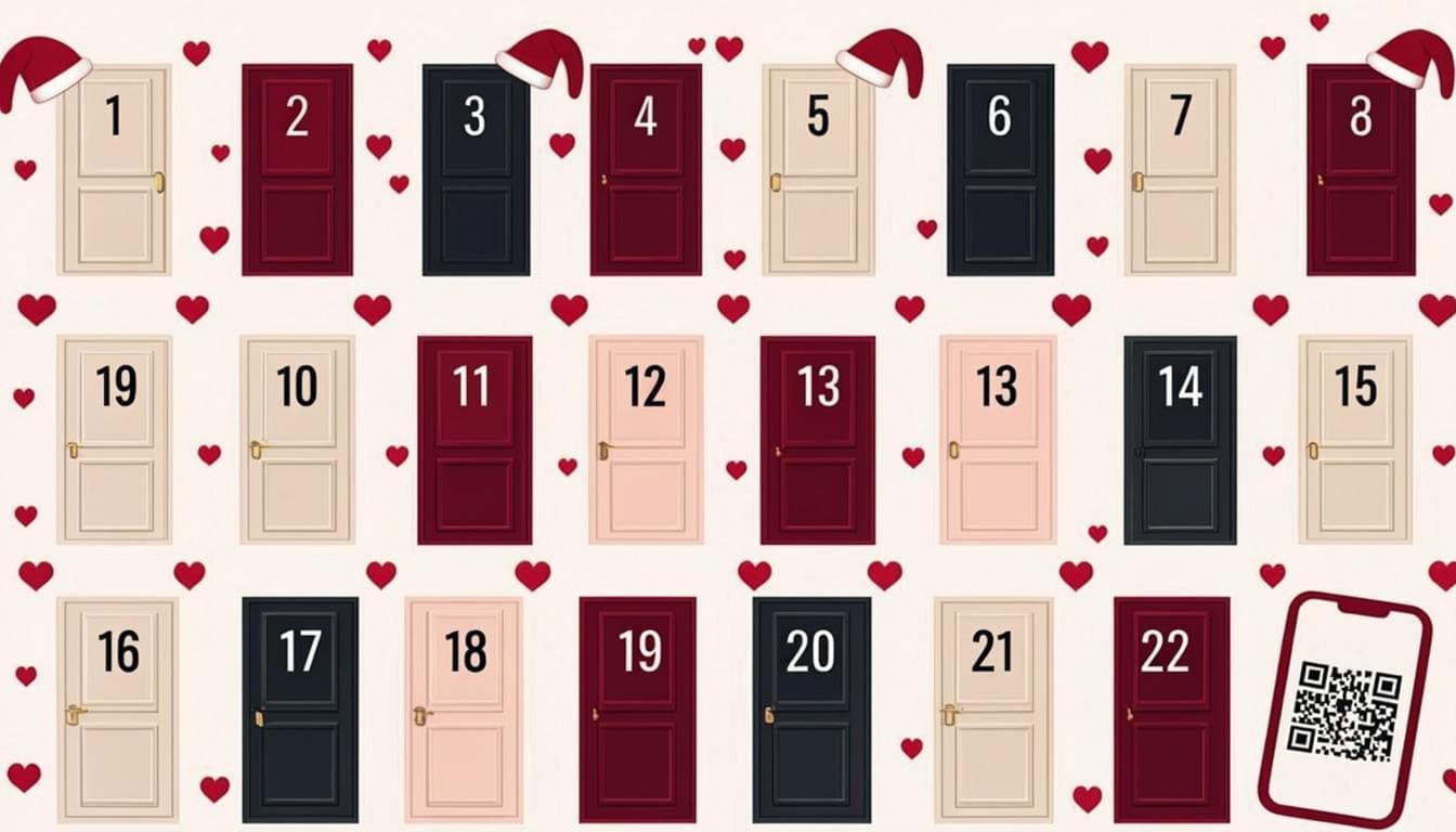 Calendario de Adviento NaviQRiño en rojo navideño con 24 ventanas numeradas